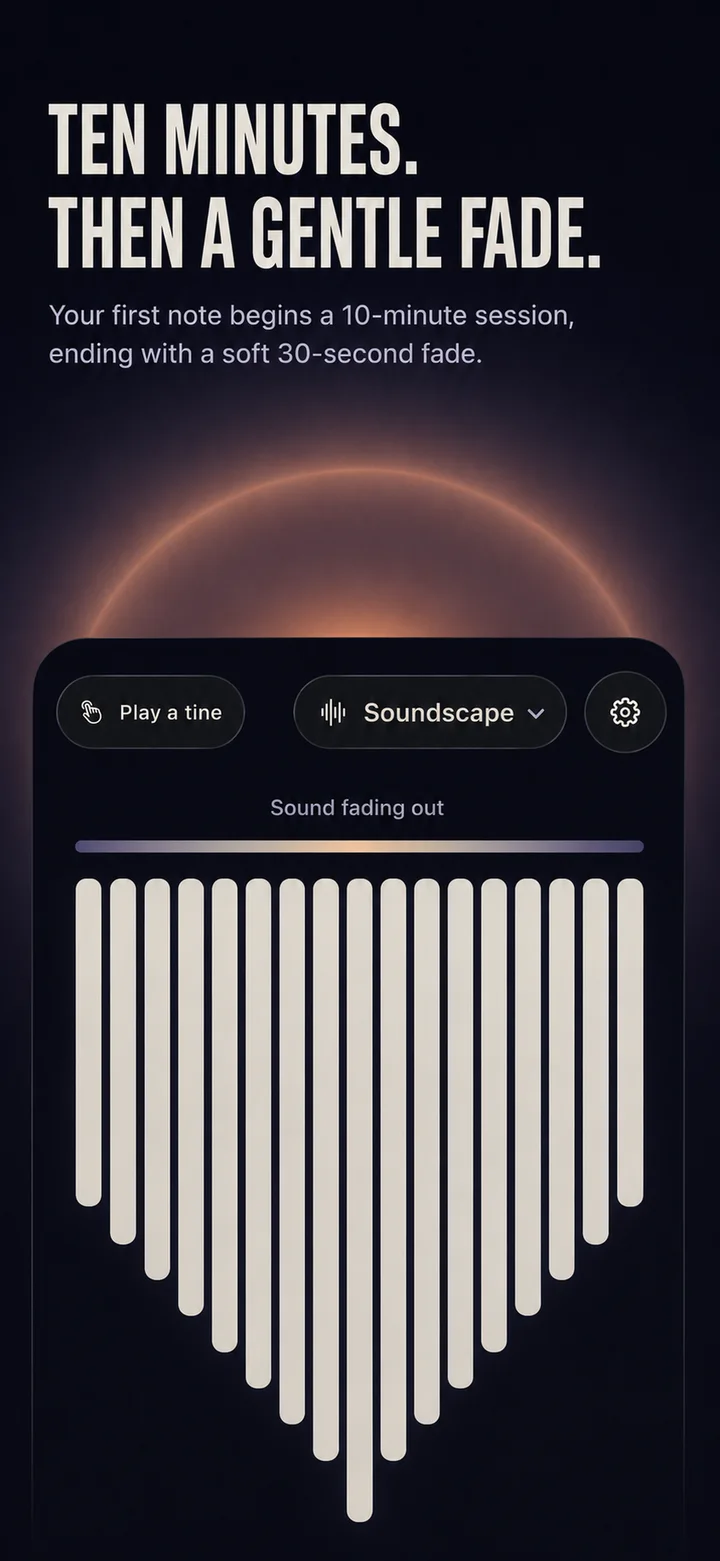 SomniTine iPhone interface at the end of a ten-minute session with sound fading out