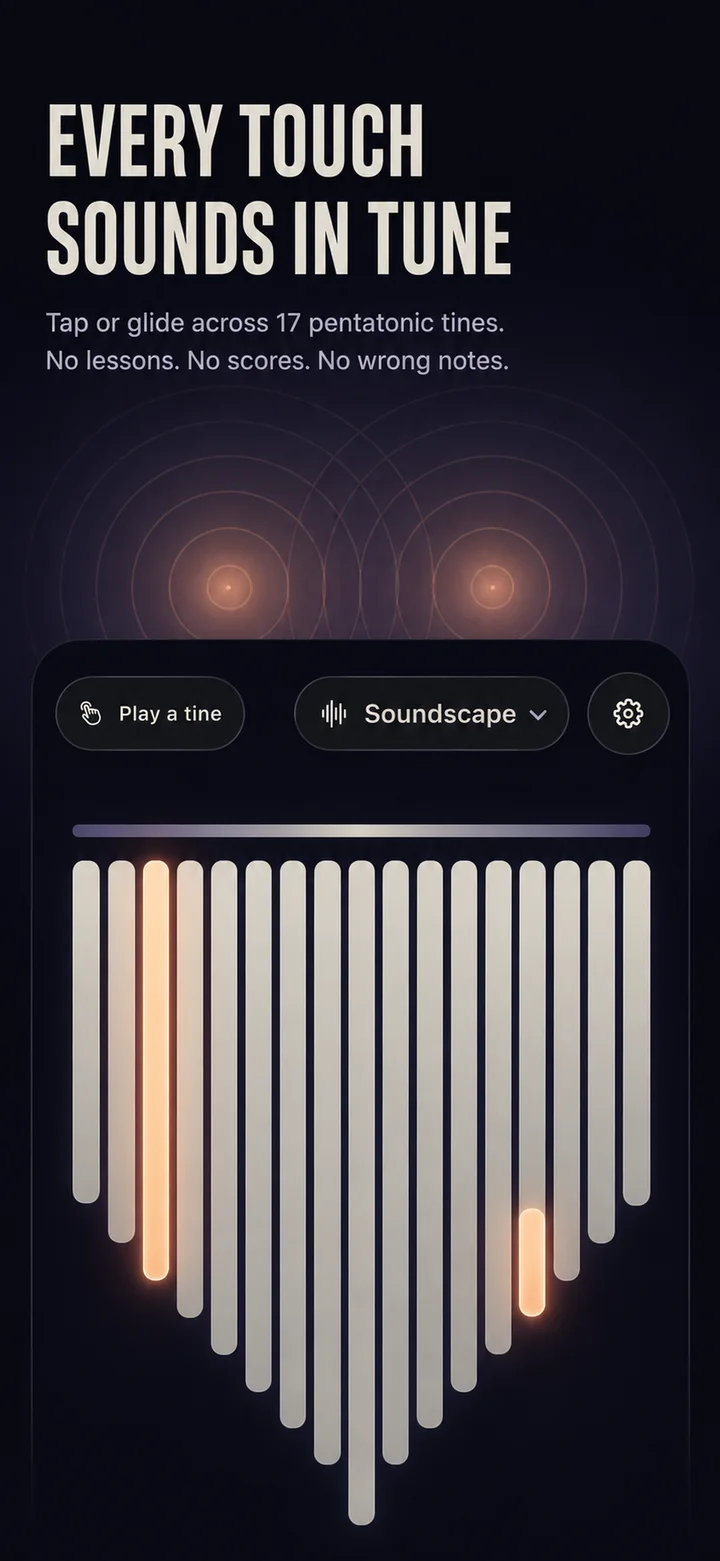 SomniTine iPhone interface showing several of its 17 pentatonic tines illuminated