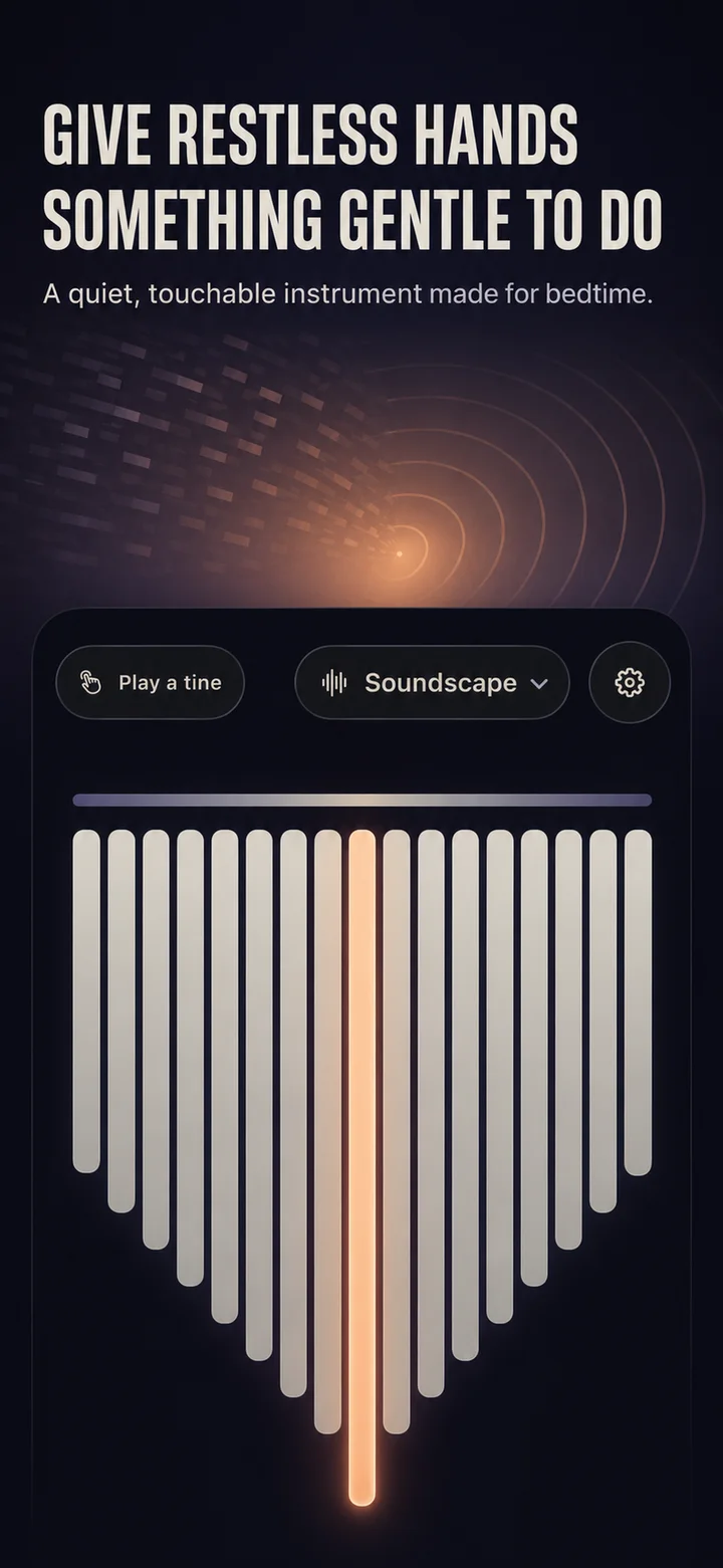 SomniTine touch instrument with one illuminated tine in the nocturnal iPhone interface